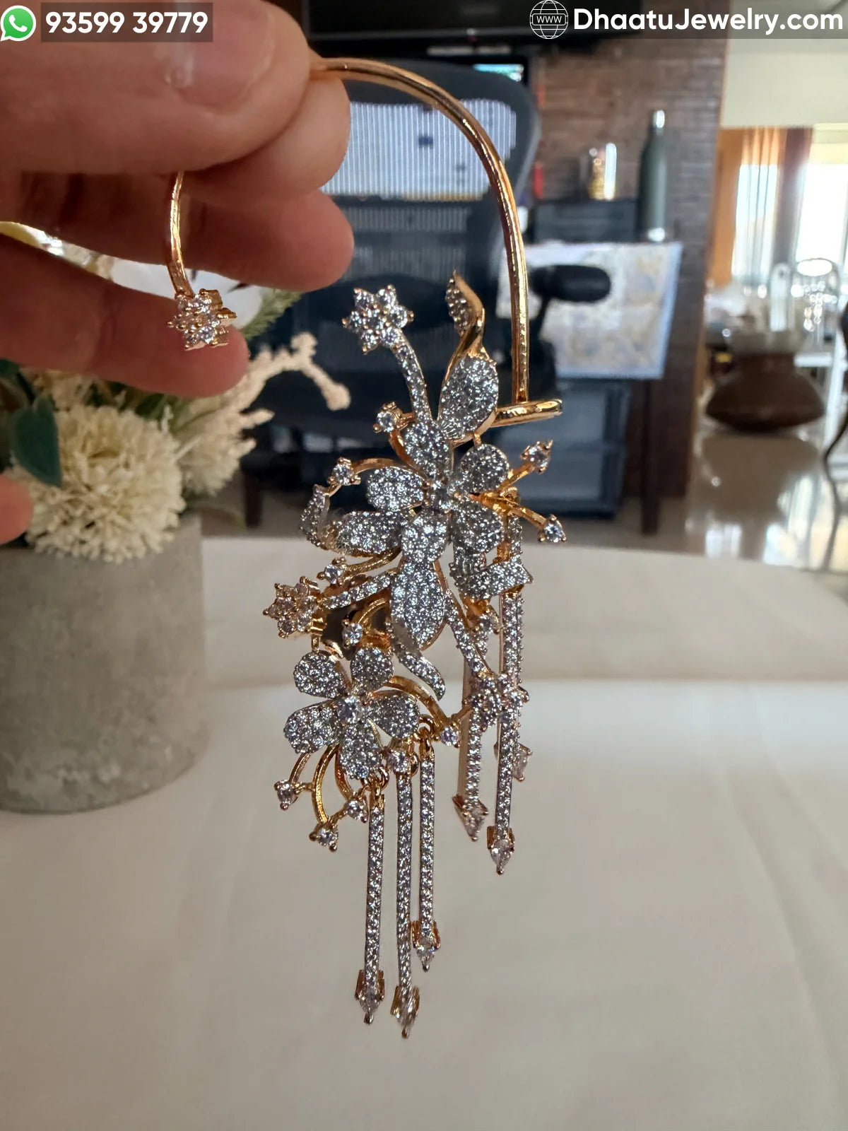 Gold Plated Floral Ear Cuff Earrings - Premium Zircon Studded Flower and Leaf Crawler with Hanging Stone Tassels