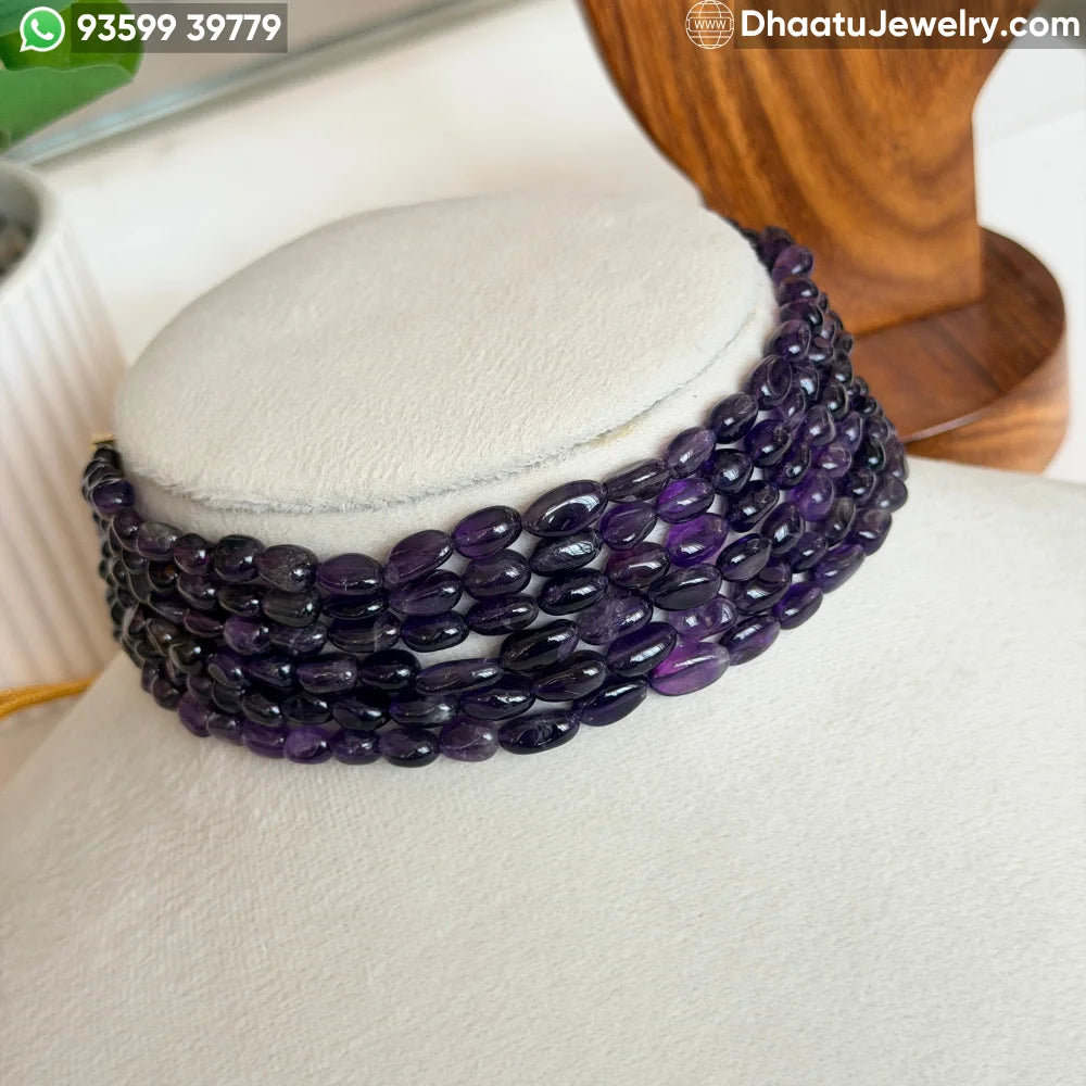 Elegant 6-Layer Natural Amethyst Bead Choker Necklace – 23cm Purple Gemstone Statement Jewelry
