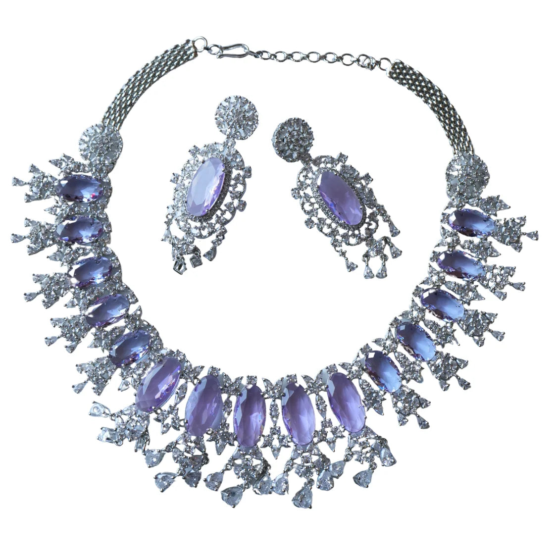 Luxury Amethyst Purple American Diamond Choker Necklace & Earring Set - AD Bridal / Party Wear Jewelry