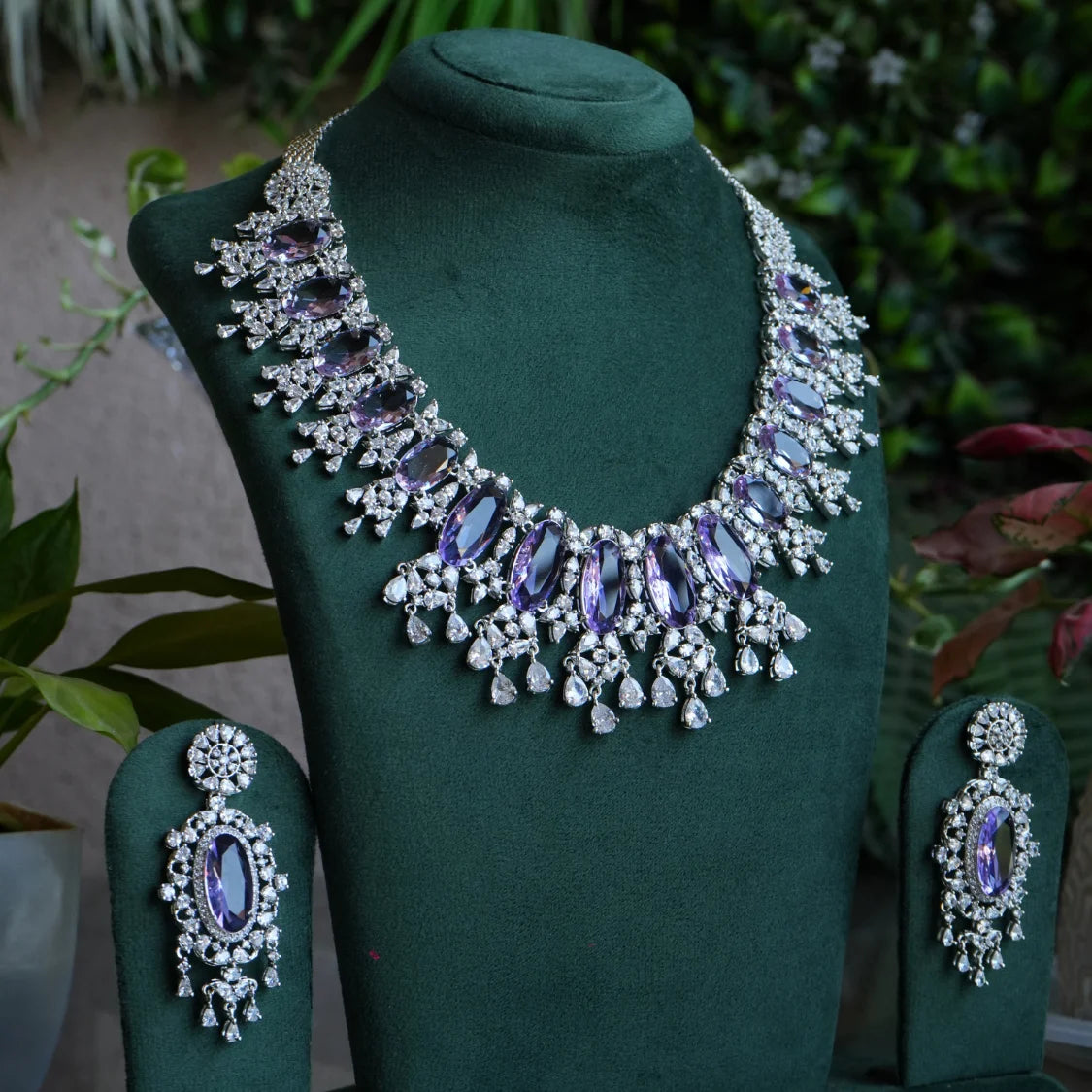 Luxury Amethyst Purple American Diamond Choker Necklace & Earring Set - AD Bridal / Party Wear Jewelry