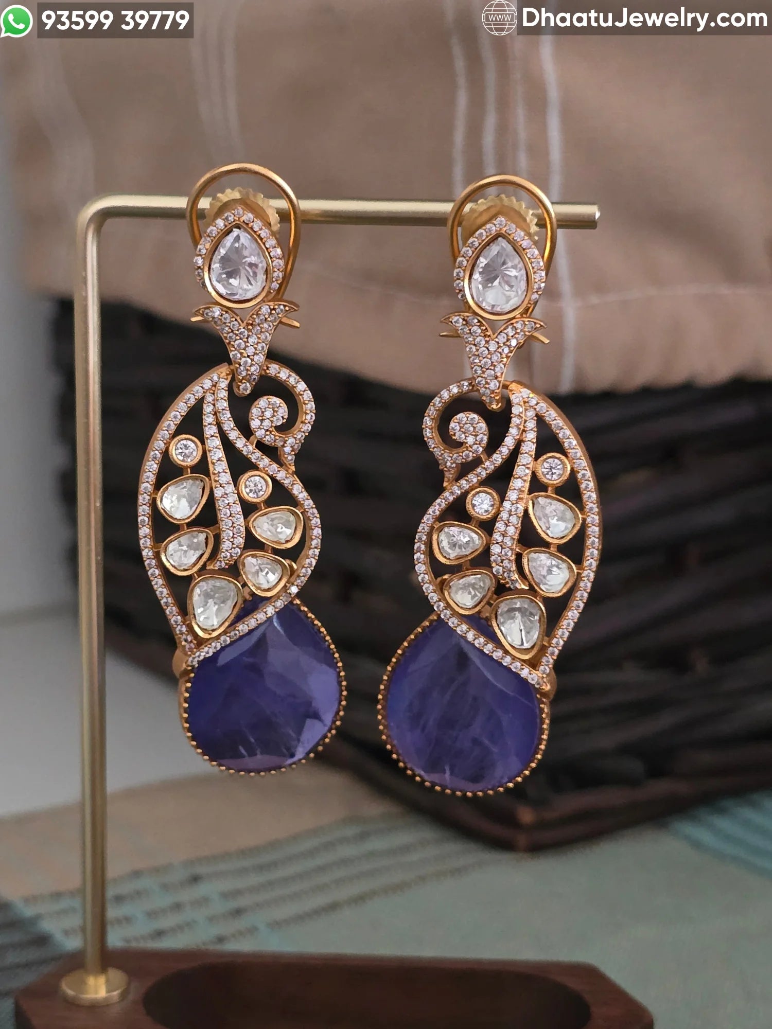 Handcrafted Paisley Kundan & Moissanite Drop Earrings with Semi-Precious Colored Doublets in Antique Mehendi Plating
