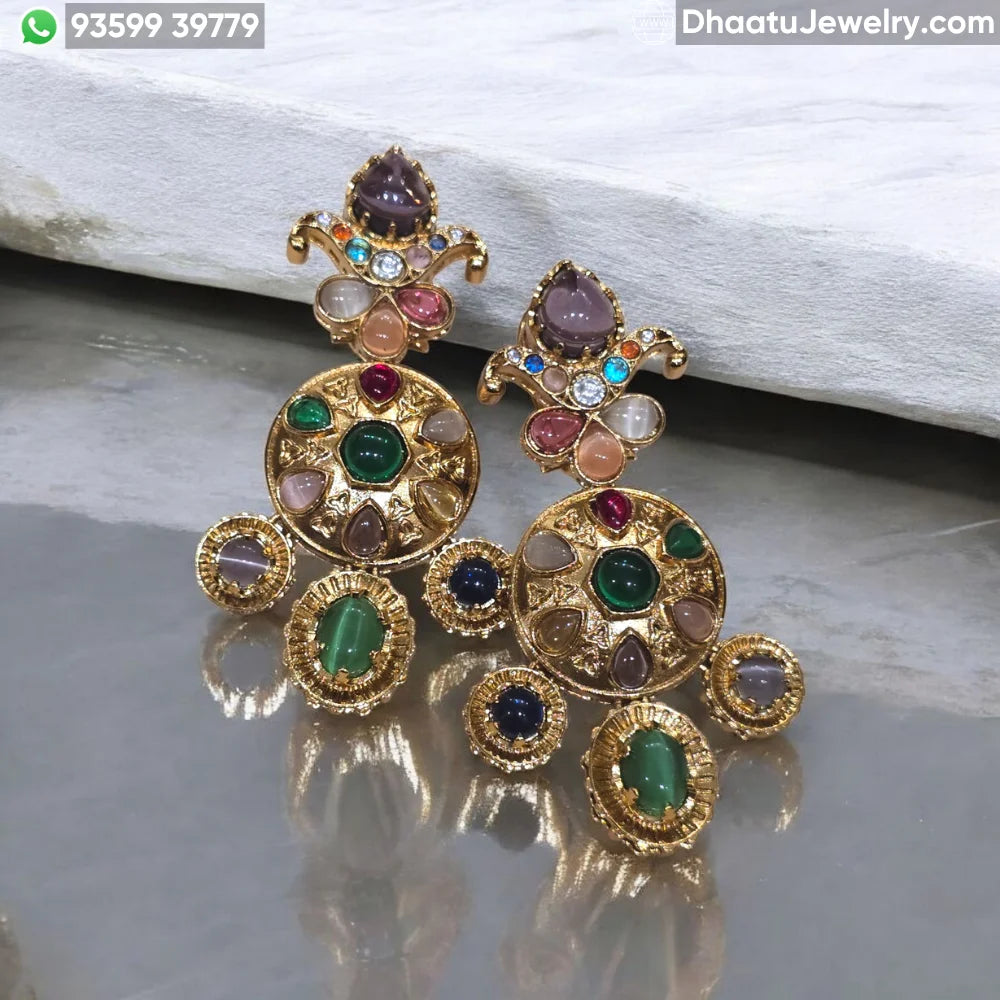 Multi-Color Doublet Semi-Precious Stone Gold-Plated Statement Earrings – Vintage Royal Indian Chandbali Style