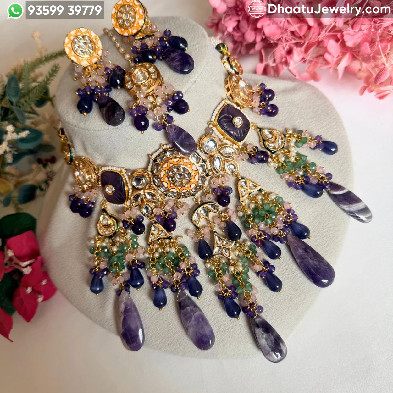 Royal Kundan Meena Choker Set with Semi-Precious Droplets – Blue & Amethyst Variants