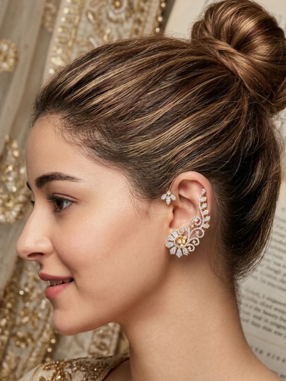 Premium Gold Plated Floral Ear Cuff Earrings with CZ Stones – Intricate Vine Ear Wrap Jewelry for Weddings and Festive Occasions