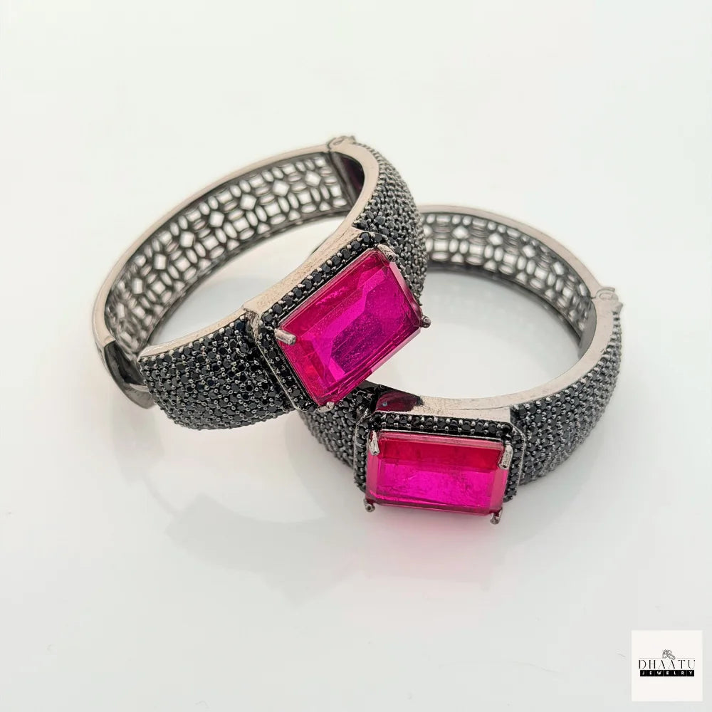Midnight Fuchsia: Emerald-Cut Pink Crystal & Black Pavé Wide Huggie Hoop Earrings (Gunmetal Finish)
