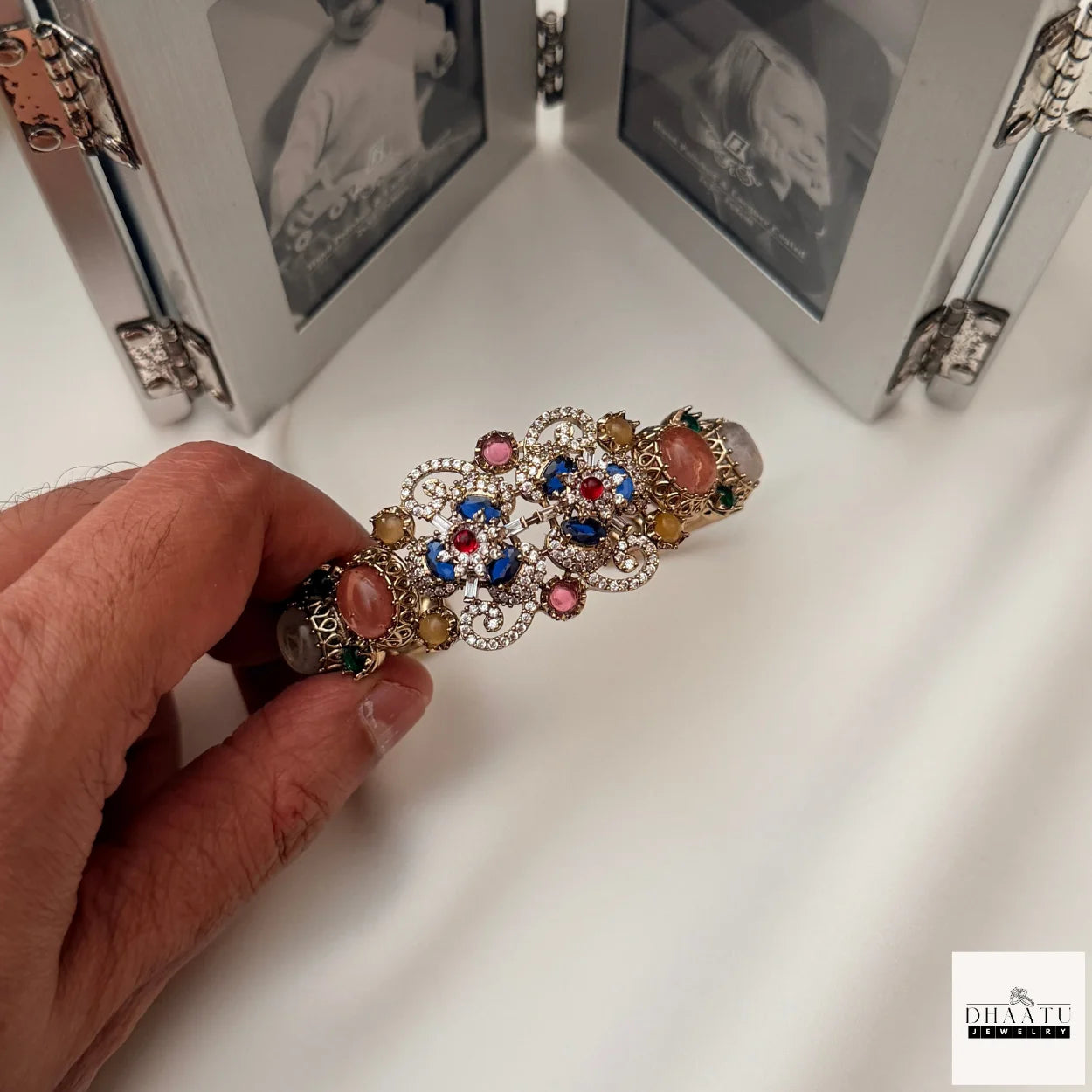 Rivaayat Antique Victorian Brass Cuff Bracelet with Multi-Color Doublet Stones