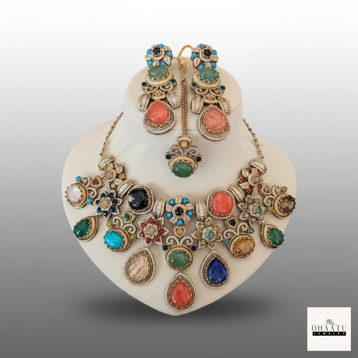 Antique Brass Choker Set with Multi-Color Doublet Stones – Includes Earrings & Maang Tika