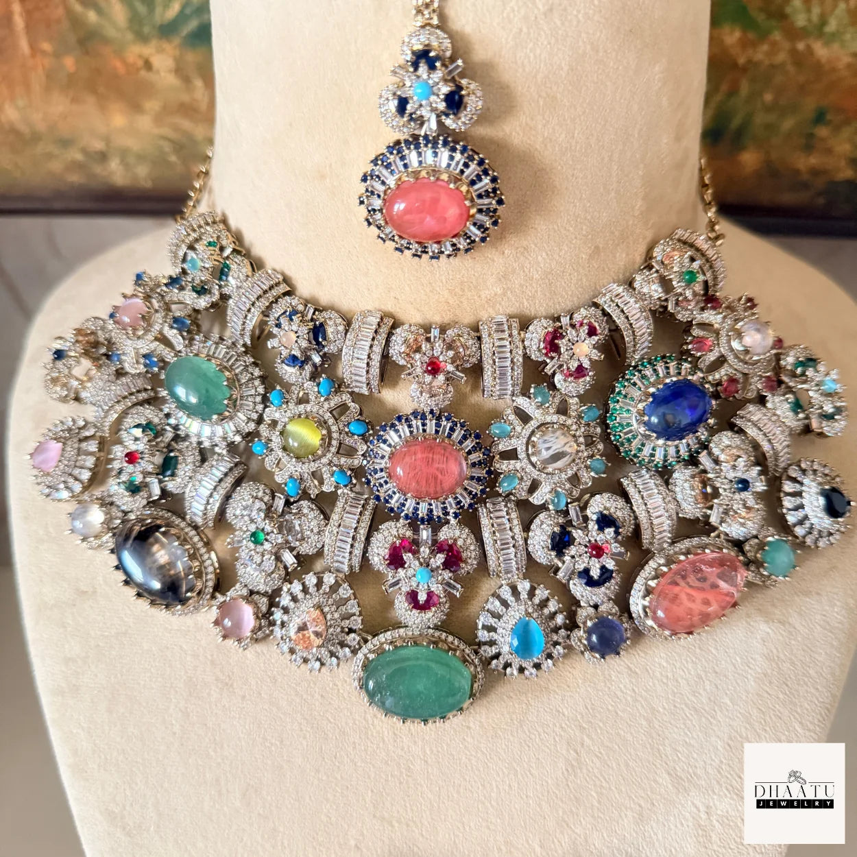 Afreen Set - Victorian Finish 4 Layered Bridal Choker Set with Multi-Color Doublet Stones & Maang Tika