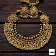 Antique Gold-Plated Nakshi Choker Necklace Set with White Stones and Pearl Clusters