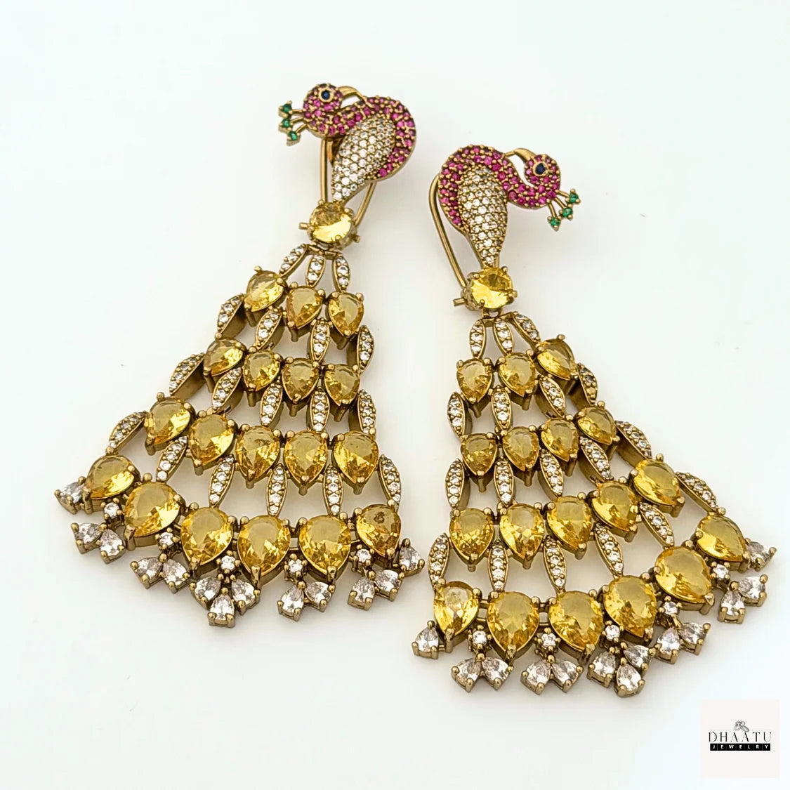Regal Peacock Motif Zircon Chandelier Earrings - Antique Gold | Cubic Zirconia Statement Jewelry