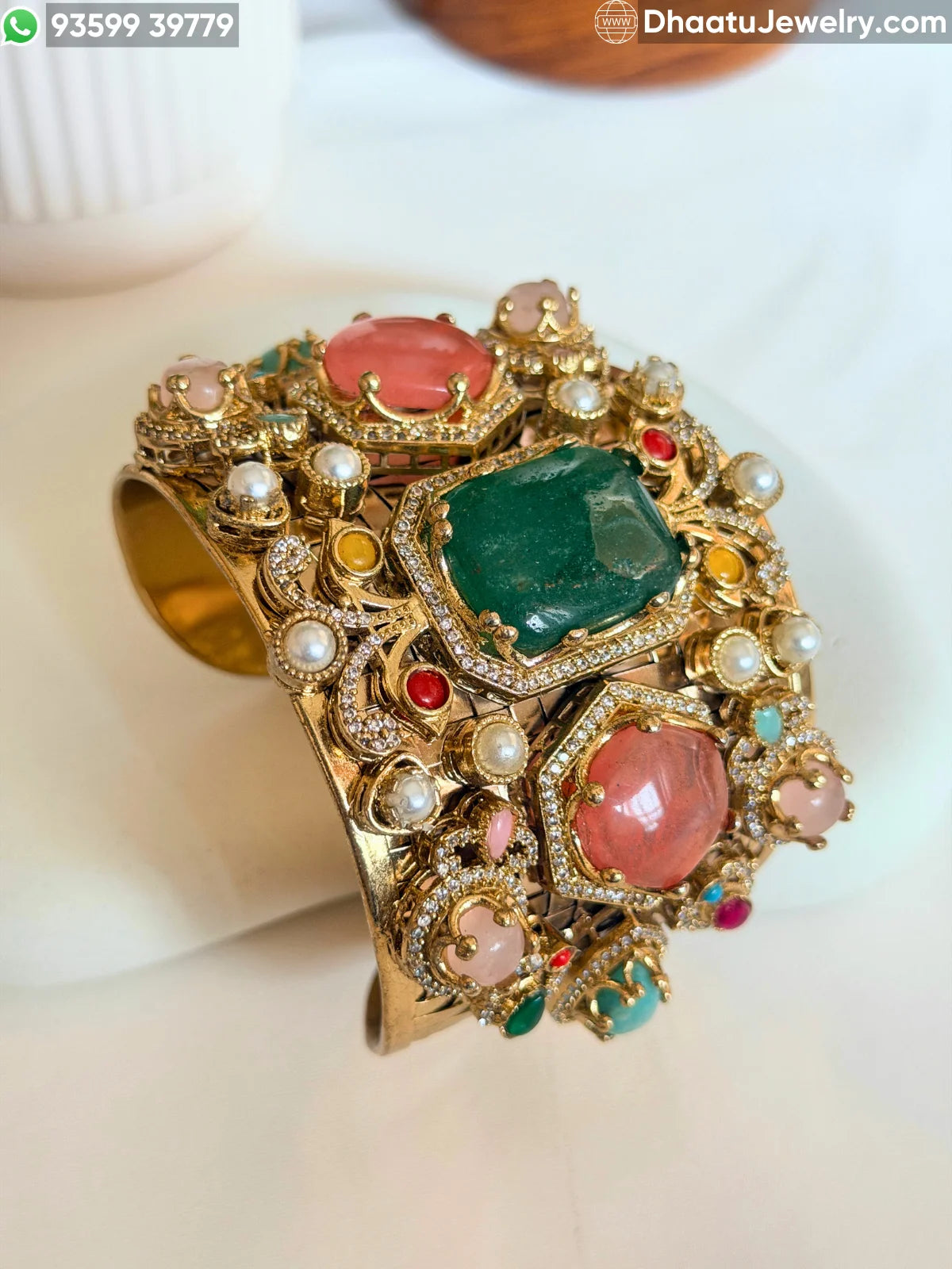 Sabyasachi-Inspired Wide Gold-Plated Brass Cuff Bracelet with Multicolor Doublet Stones & Pearls