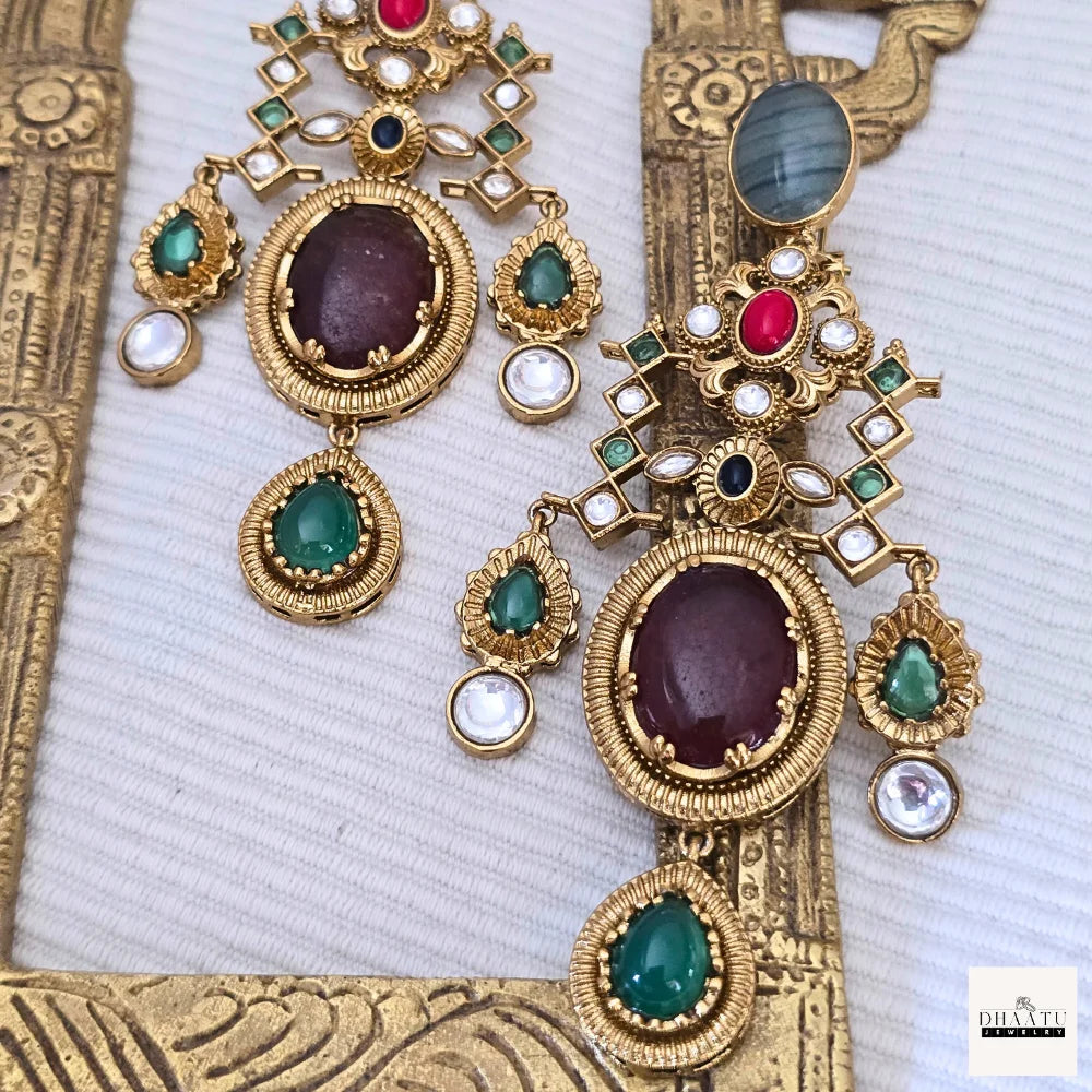 Statement Kundan Polki Chandelier Earrings with Multi-Color Stone Drops | Traditional Indian Jhumka Style