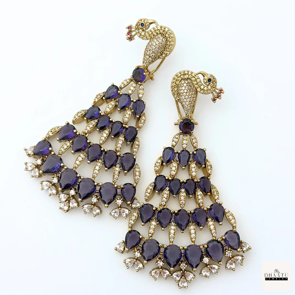 Regal Peacock Motif Zircon Chandelier Earrings - Antique Gold | Cubic Zirconia Statement Jewelry