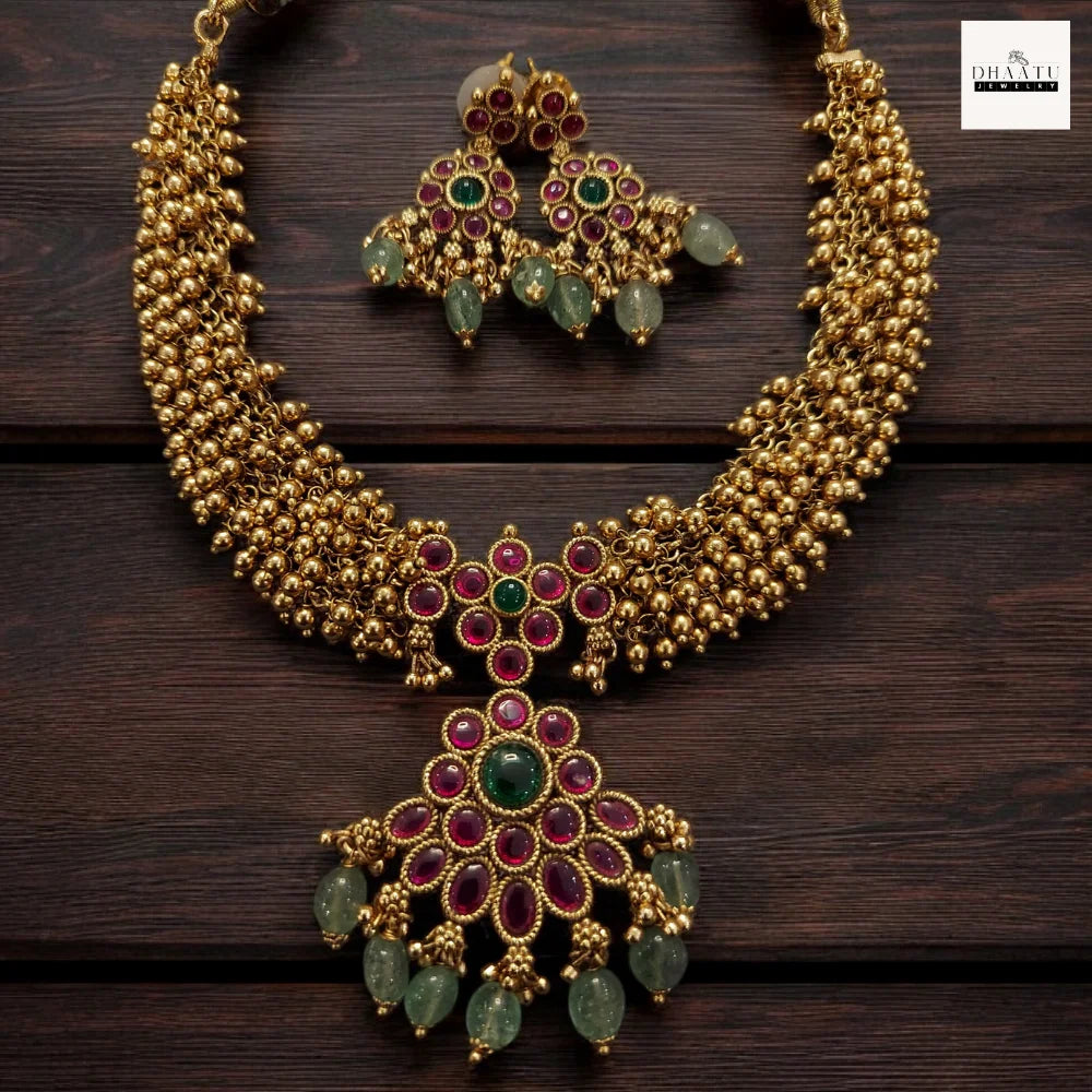 Antique Gold-Plated Guttapusalu Choker Set with Ruby & Emerald Stones