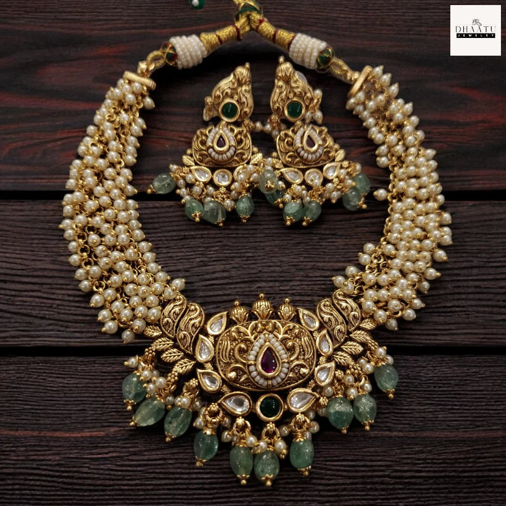 Antique Gold-Plated Guttapusalu Choker Set with Pearls and Kundan Accents