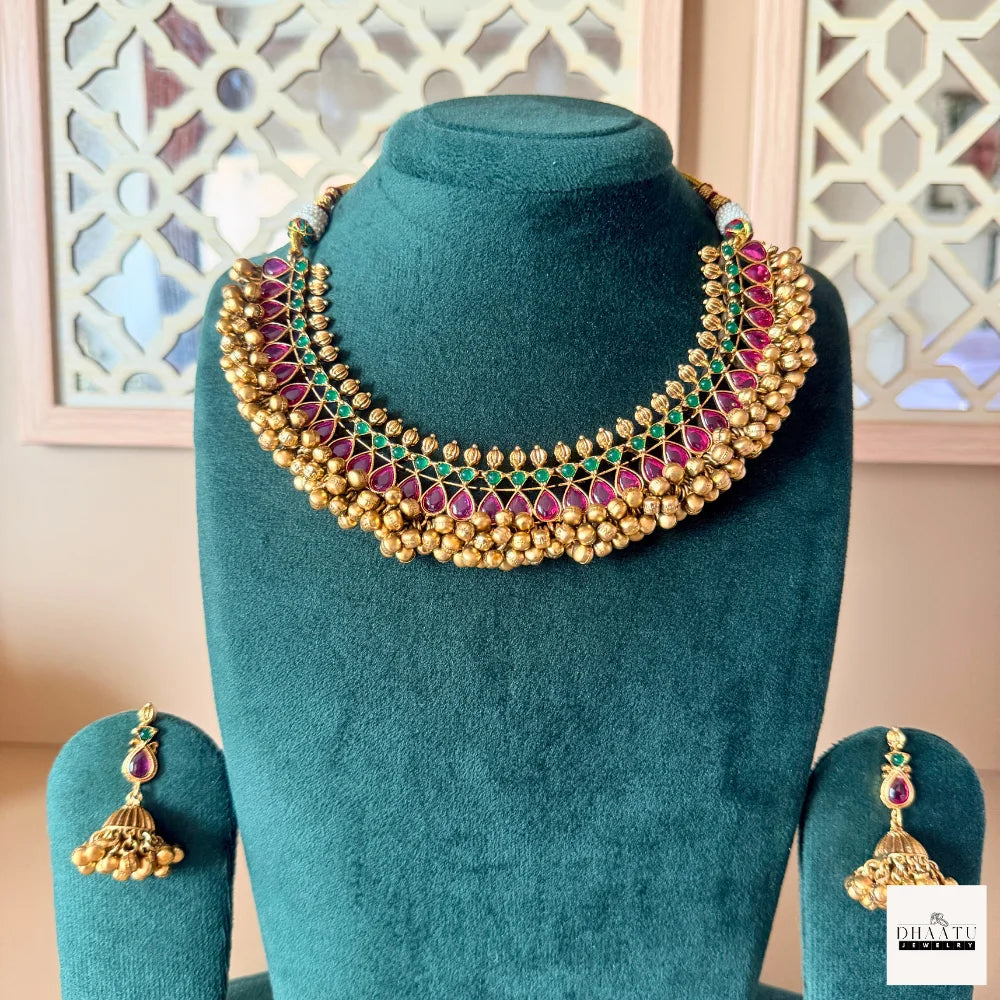 Antique Gold-Plated Guttapusalu Gajra Necklace Set with Ruby & Emerald Kemp Stones