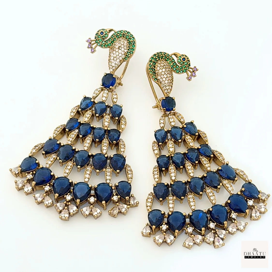 Regal Peacock Motif Zircon Chandelier Earrings - Antique Gold | Cubic Zirconia Statement Jewelry