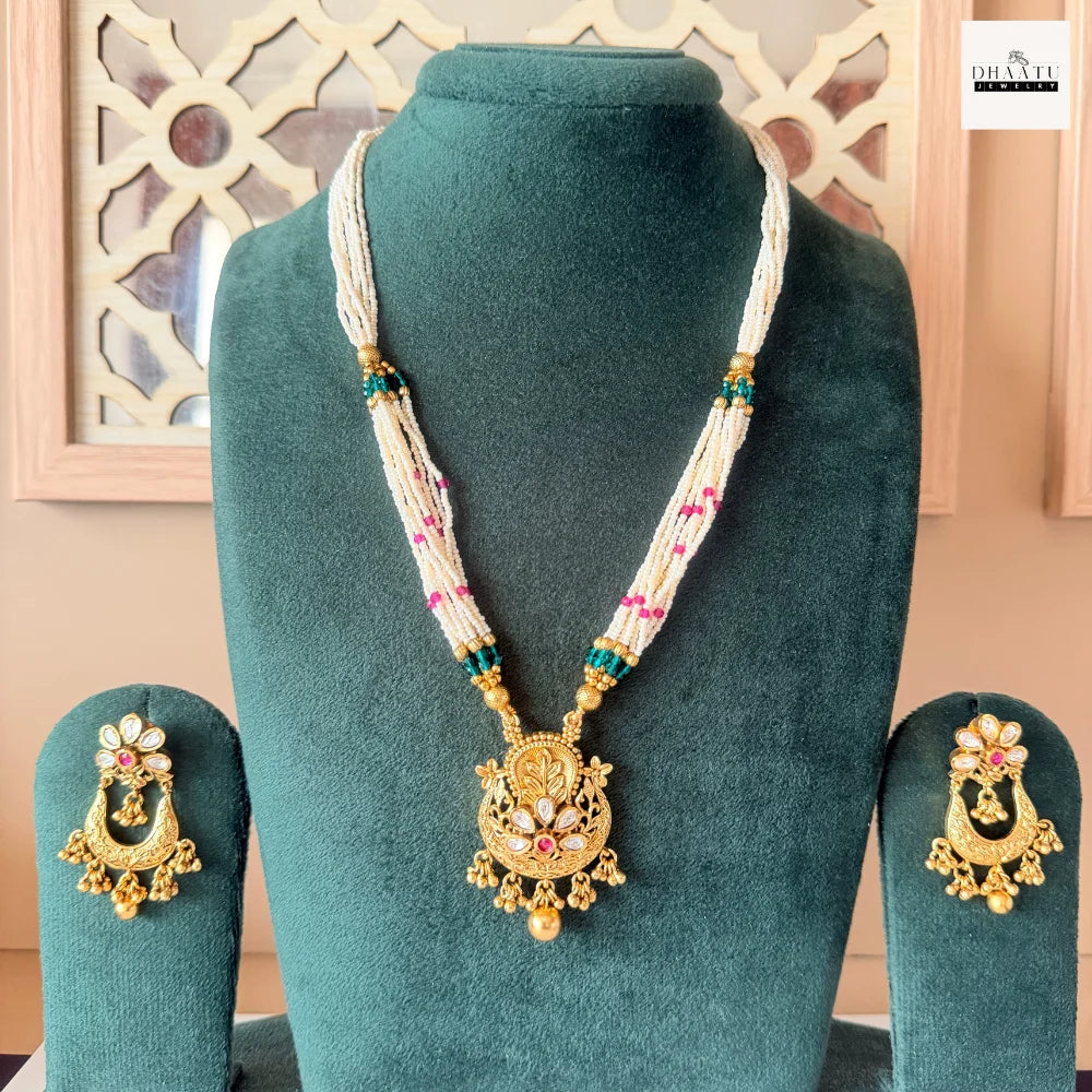 Antique Kundan & Meenakari Chandbali Pendant Necklace Set with Seed Pearl Layers