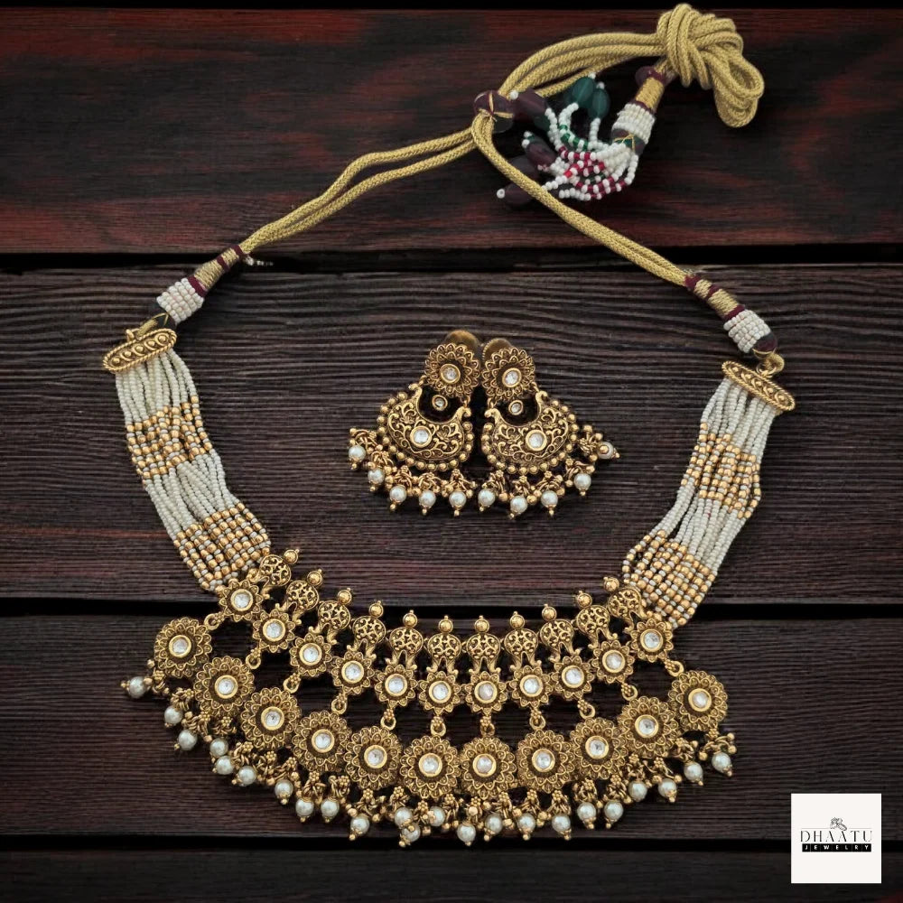 Antique Gold-Plated Kundan Polki Choker Necklace Set with Seed Pearl Multi-Strands and Matching Chandbalis