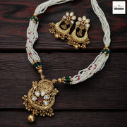 Antique Kundan & Meenakari Chandbali Pendant Necklace Set with Seed Pearl Layers