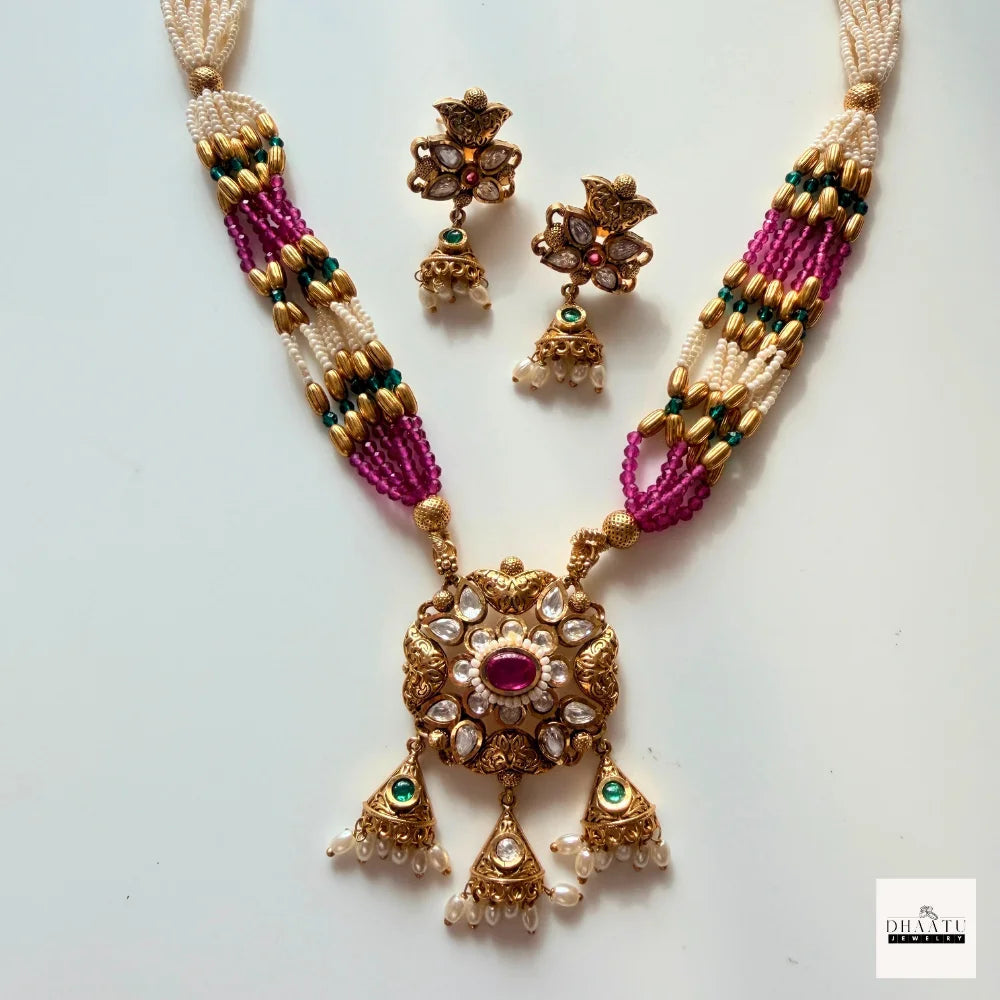 Antique Gold-Plated Kundan & Ruby Bead Guttapusalu Necklace Set with Jhumka Earrings