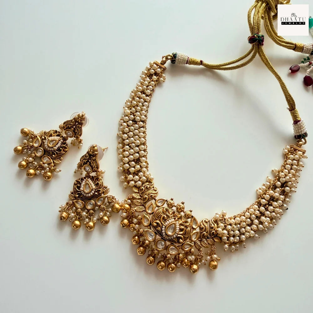 Antique Gold-Plated Guttapusalu Choker Set with Pearls and Kundan Accents