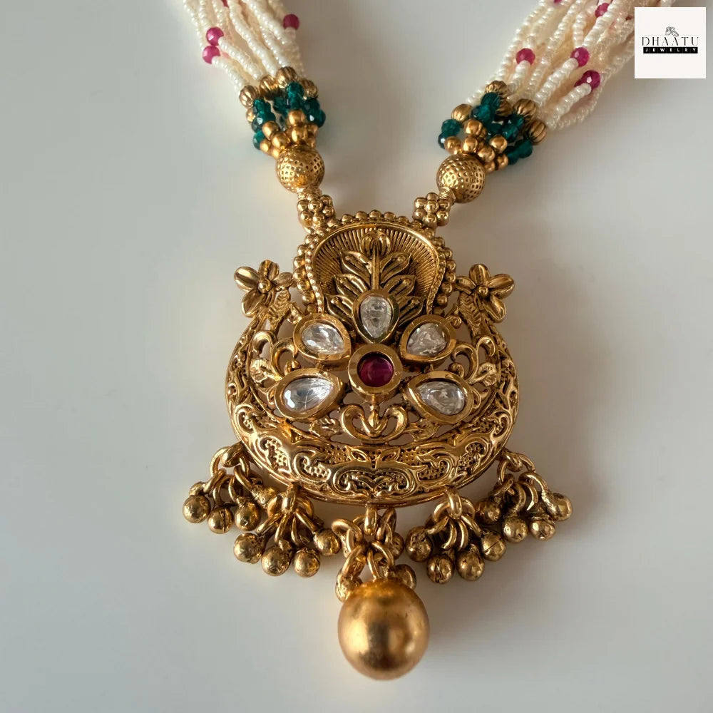 Antique Kundan & Meenakari Chandbali Pendant Necklace Set with Seed Pearl Layers