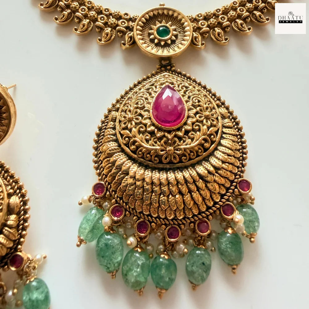 Antique Gold-Plated Temple Jewelry Set - Intricate Ruby & Emerald Floral Choker with Green Bead Droplets