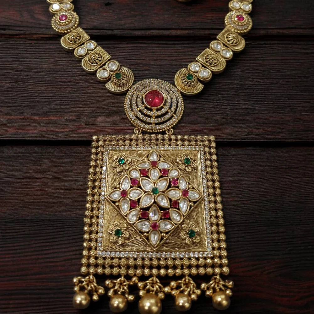 Antique Gold-Plated Kundan & Ruby Floral Square Pendant Temple Necklace Set with Jhumkas