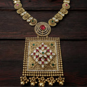 Antique Gold-Plated Kundan & Ruby Floral Square Pendant Temple Necklace Set with Jhumkas
