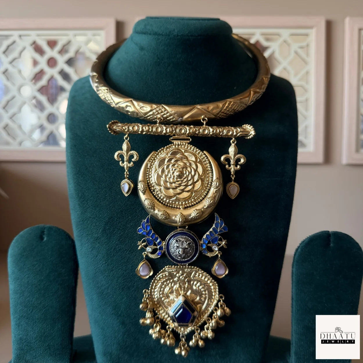 Simha Heritage Royal Medallion Hasli Necklace – Antique Gold Finish with Blue Meenakari and Tiger Motif