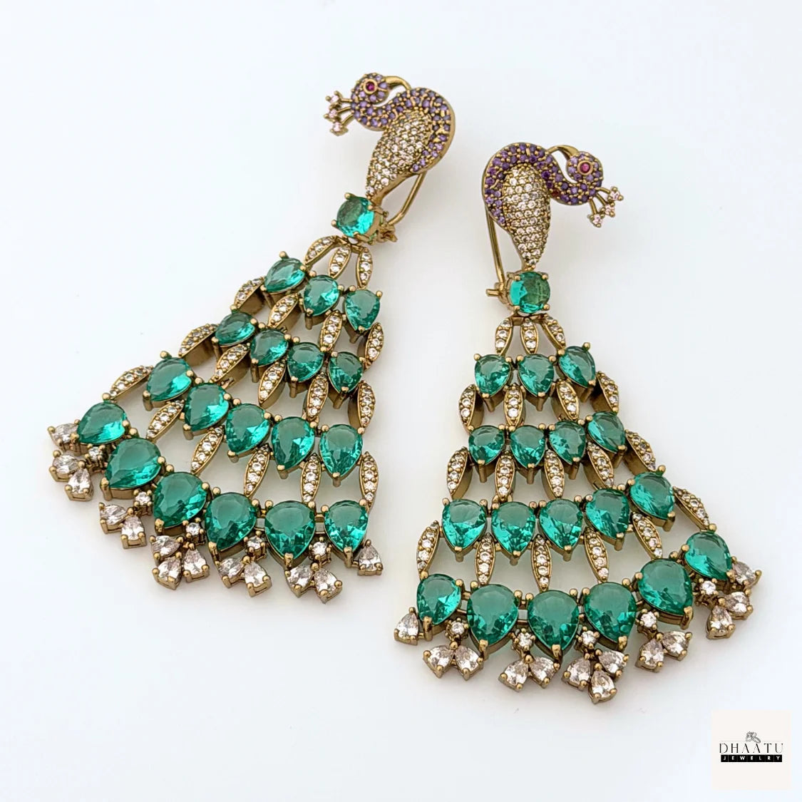 Regal Peacock Motif Zircon Chandelier Earrings - Antique Gold | Cubic Zirconia Statement Jewelry