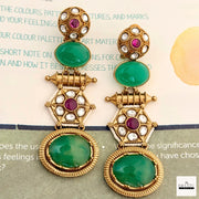 Regal Antique Gold-Plated Kundan Drop Earrings with Green & Orange Cabochon Stones | Statement Ethnic Style