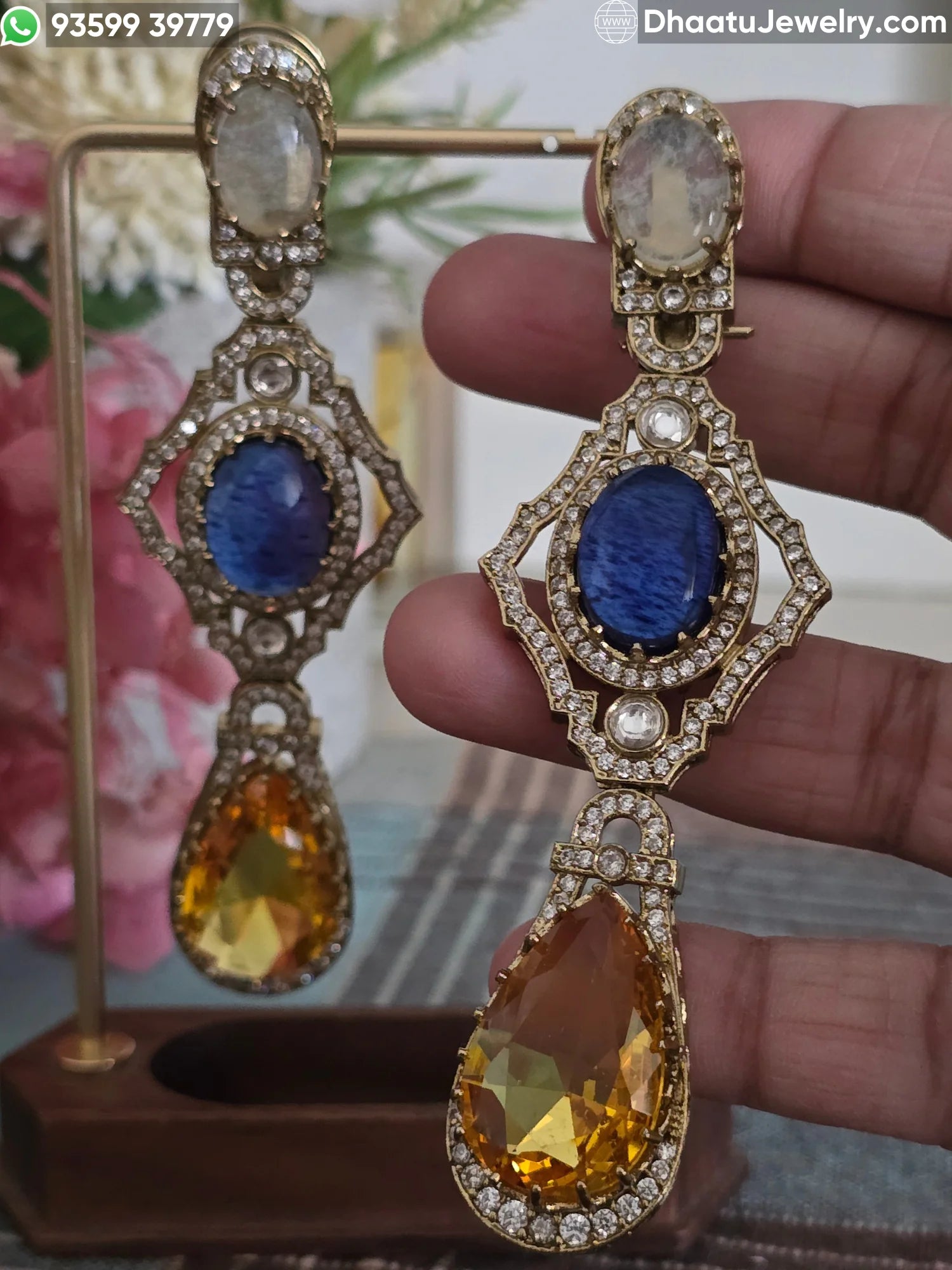 Antique Mehendi Plated Moissanite Drop Earrings with Blue & Amber Doublet Stones