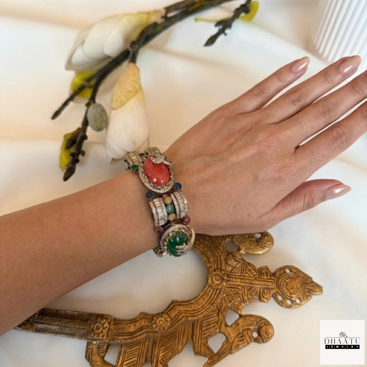 Rivaayat Antique Victorian Brass Cuff Bracelet with Multi-Color Doublet Stones