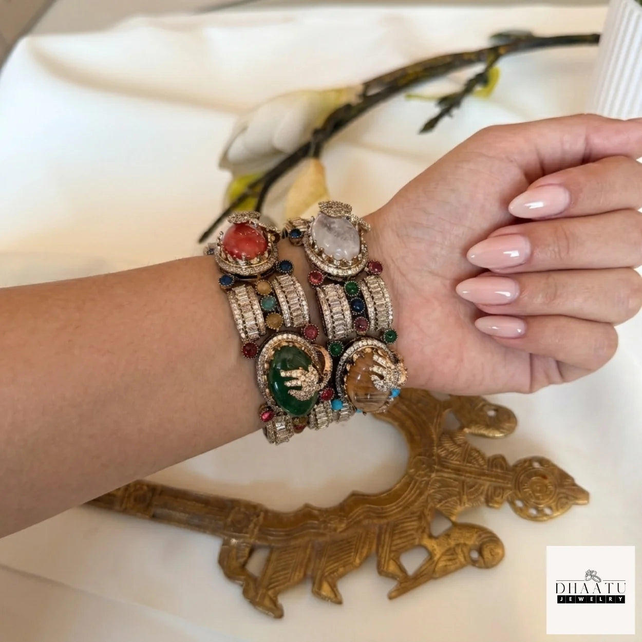 Rivaayat Antique Victorian Brass Cuff Bracelet with Multi-Color Doublet Stones