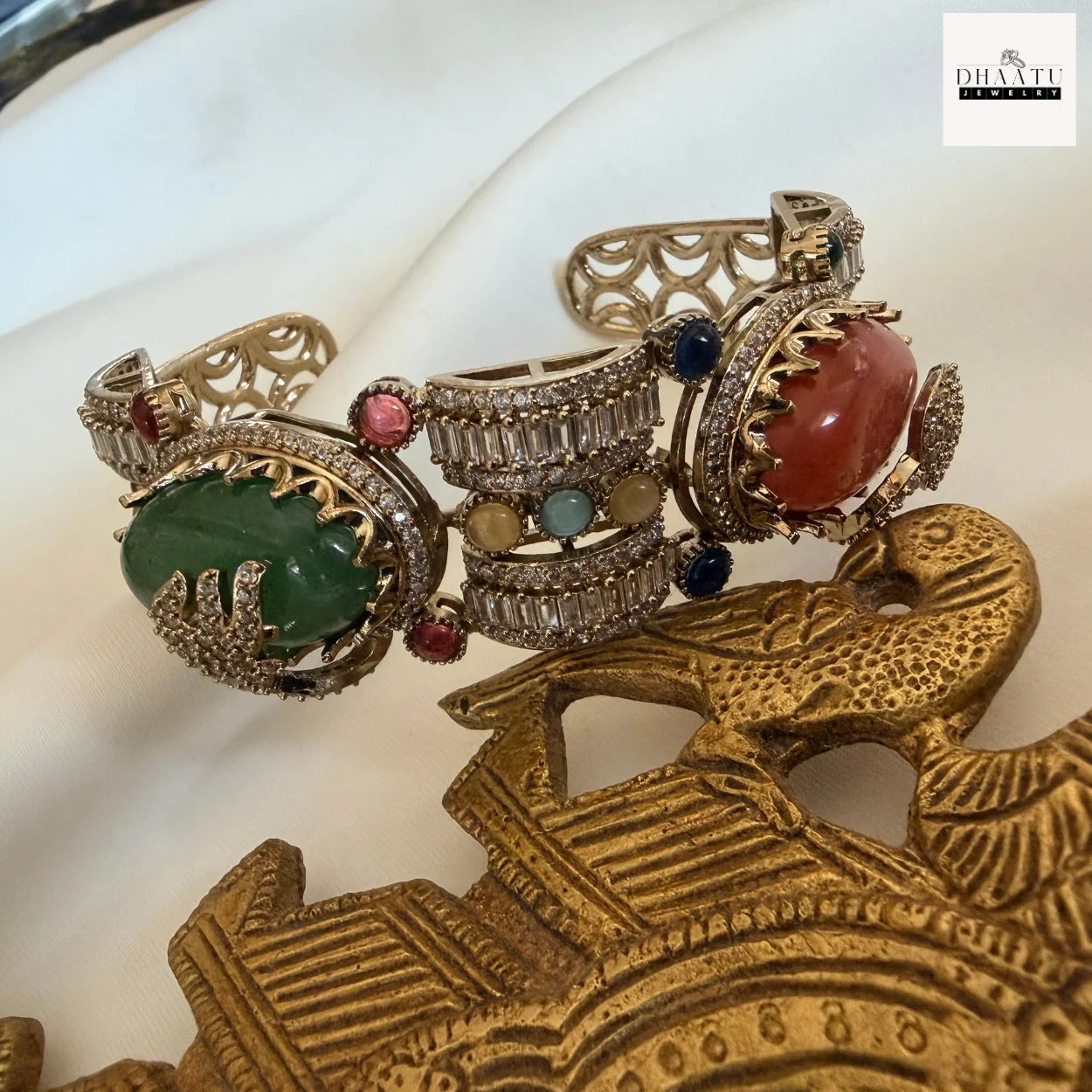 Rivaayat Antique Victorian Brass Cuff Bracelet with Multi-Color Doublet Stones