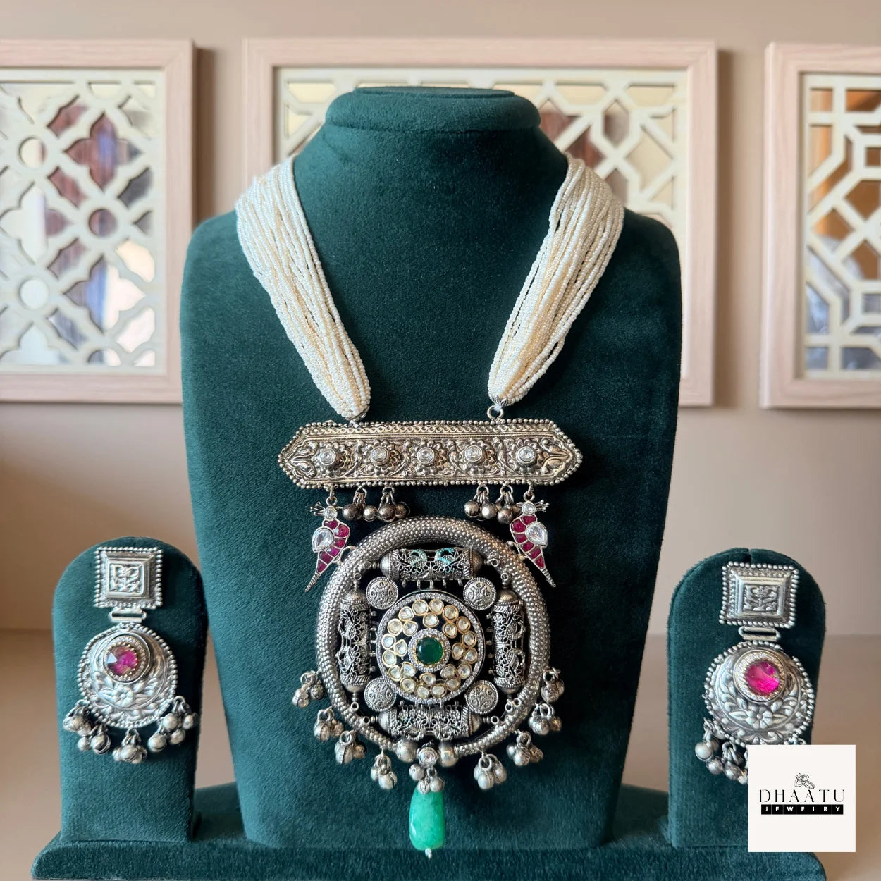 Antique Silver Oxidized Kundan Statement Necklace Set with Pearl Strands and Emerald Drop