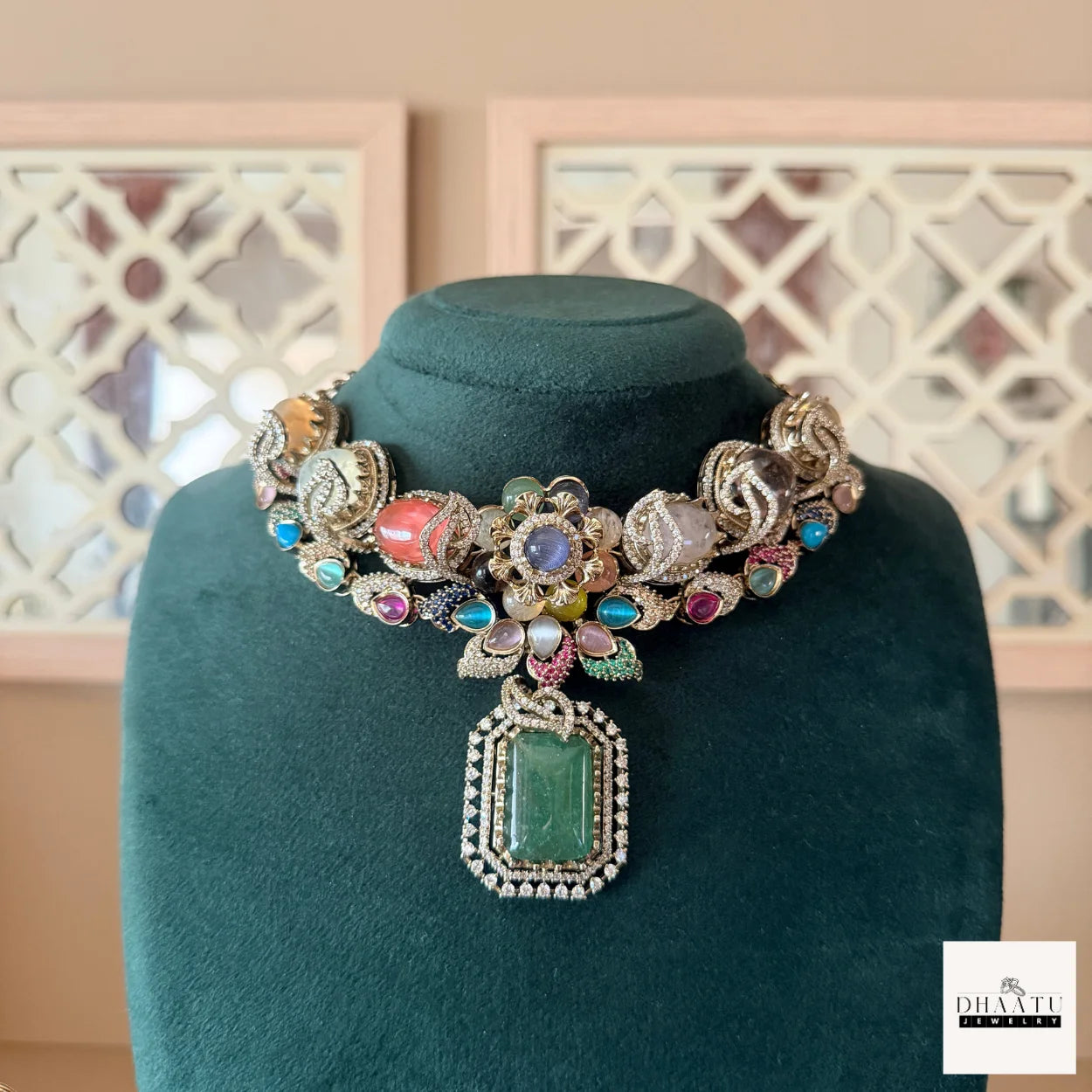 Rivaayat Antique Victorian Choker Set with Multi-Color Doublet Stones & Matching Earrings