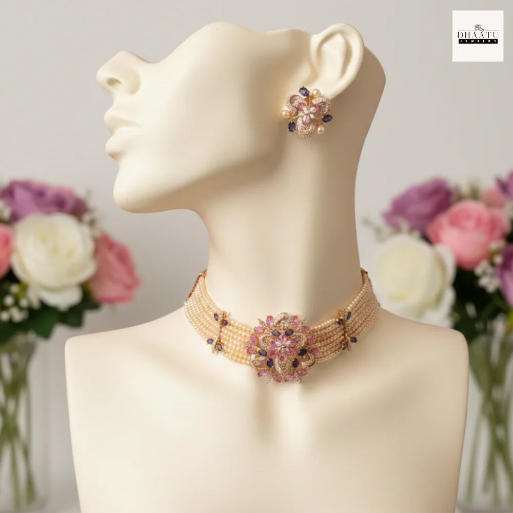 Rose Gold Floral Pearl Choker Set with Pink & Violet CZ Stones