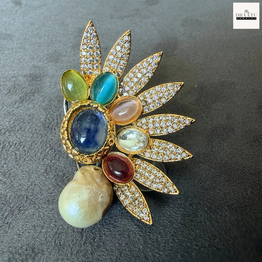 Rivaayat Handcrafted Sunburst Ear Cuffs with Baroque Pearls and Multi-Hue Cabochons