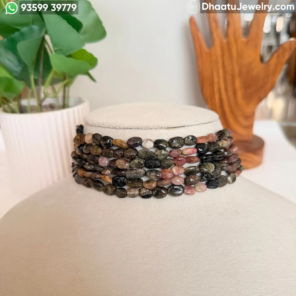 6-Layer Multi-Color Natural Tourmaline Stone Bead Choker Necklace - Handcrafted Earthy Green & Pink Statement Jewelry (4.5cm x 23cm)