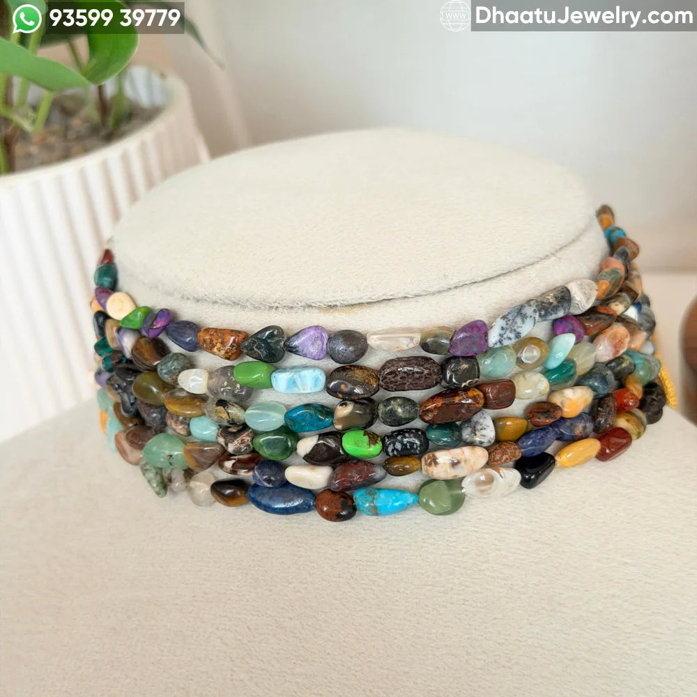 Multicolor Mixed Natural Semi-Precious Gemstone 6-Layer Choker Necklace | 4.5cm Wide Handcrafted Tumble Stone Bead Jewelry