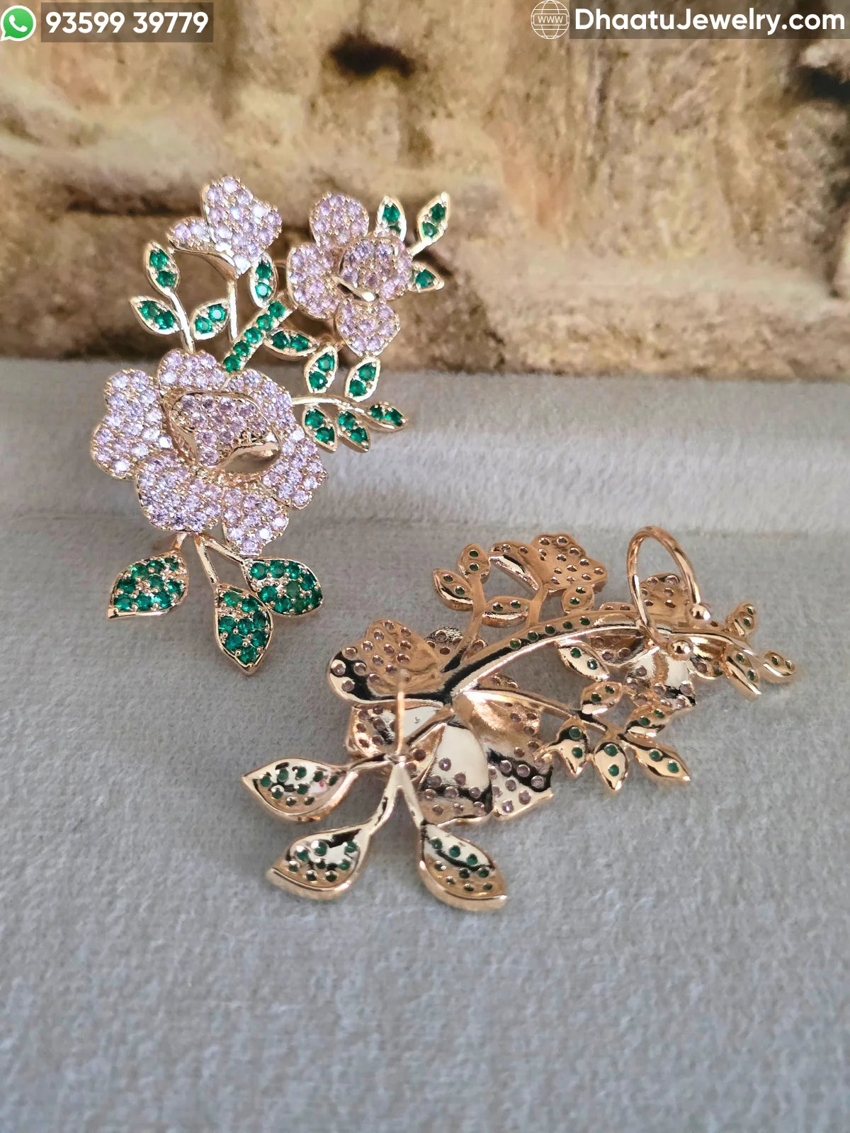 Premium Gold-Plated Intricate Floral Ear Cuff Crawler Earrings – Studded Bloom Design in Emerald Green & Diamond White Variants