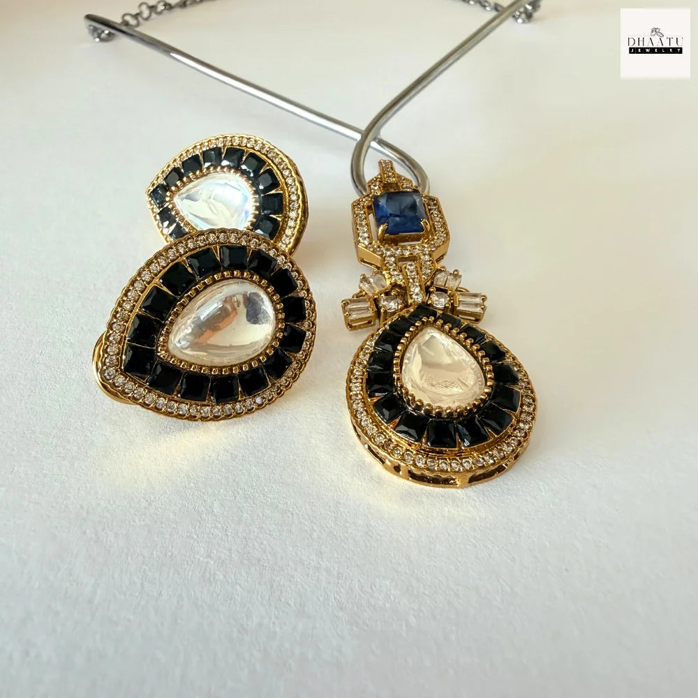 Pear-Cut Gemstone Fusion Jewelry Set – Gold-Plated Teardrop Necklace & Studs with Baguette Halo