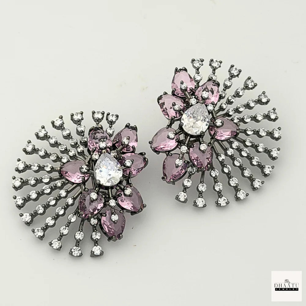 Victorian Black Plated Luxury Ear Tops/Studs – Zircon & Colored Stone Fan Earrings