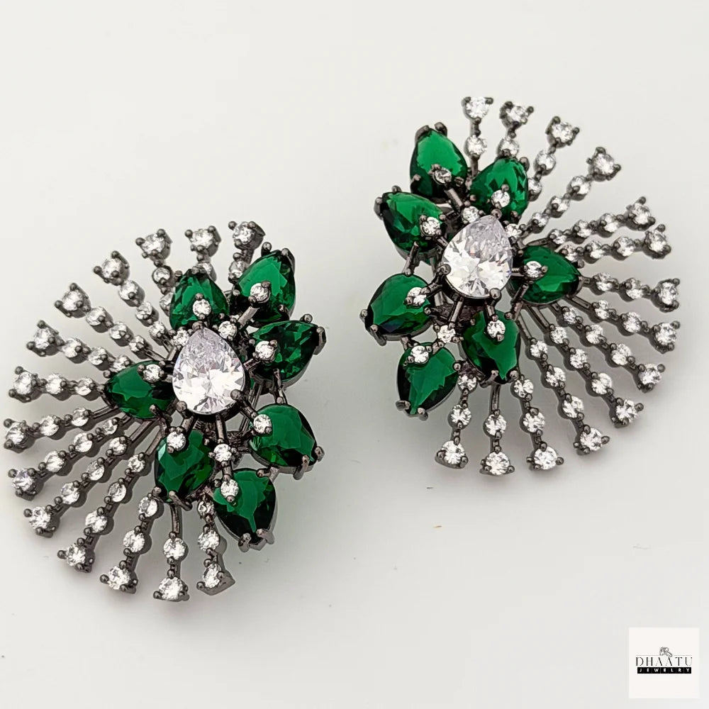 Victorian Black Plated Luxury Ear Tops/Studs – Zircon & Colored Stone Fan Earrings