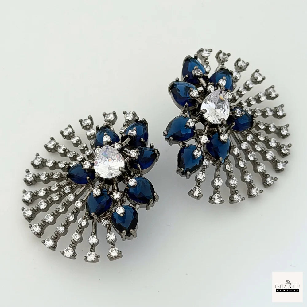 Victorian Black Plated Luxury Ear Tops/Studs – Zircon & Colored Stone Fan Earrings