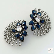 Victorian Black Plated Luxury Ear Tops/Studs – Zircon & Colored Stone Fan Earrings