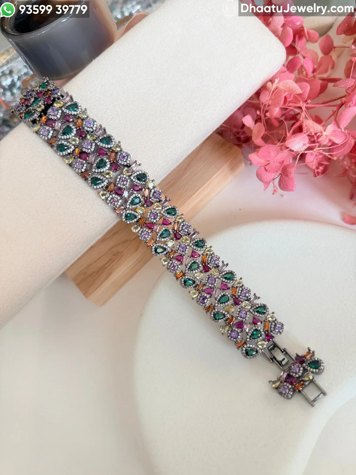 Multicolor Pear-Cut Cubic Zirconia Statement Bracelet - 18cm to 21cm Extendable - Available in Gold & Black Rhodium Finish